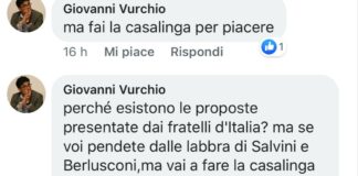 Commento sotto post facebook di Giorgia Meloni, Vurchio (PD): «Fai la casalinga»